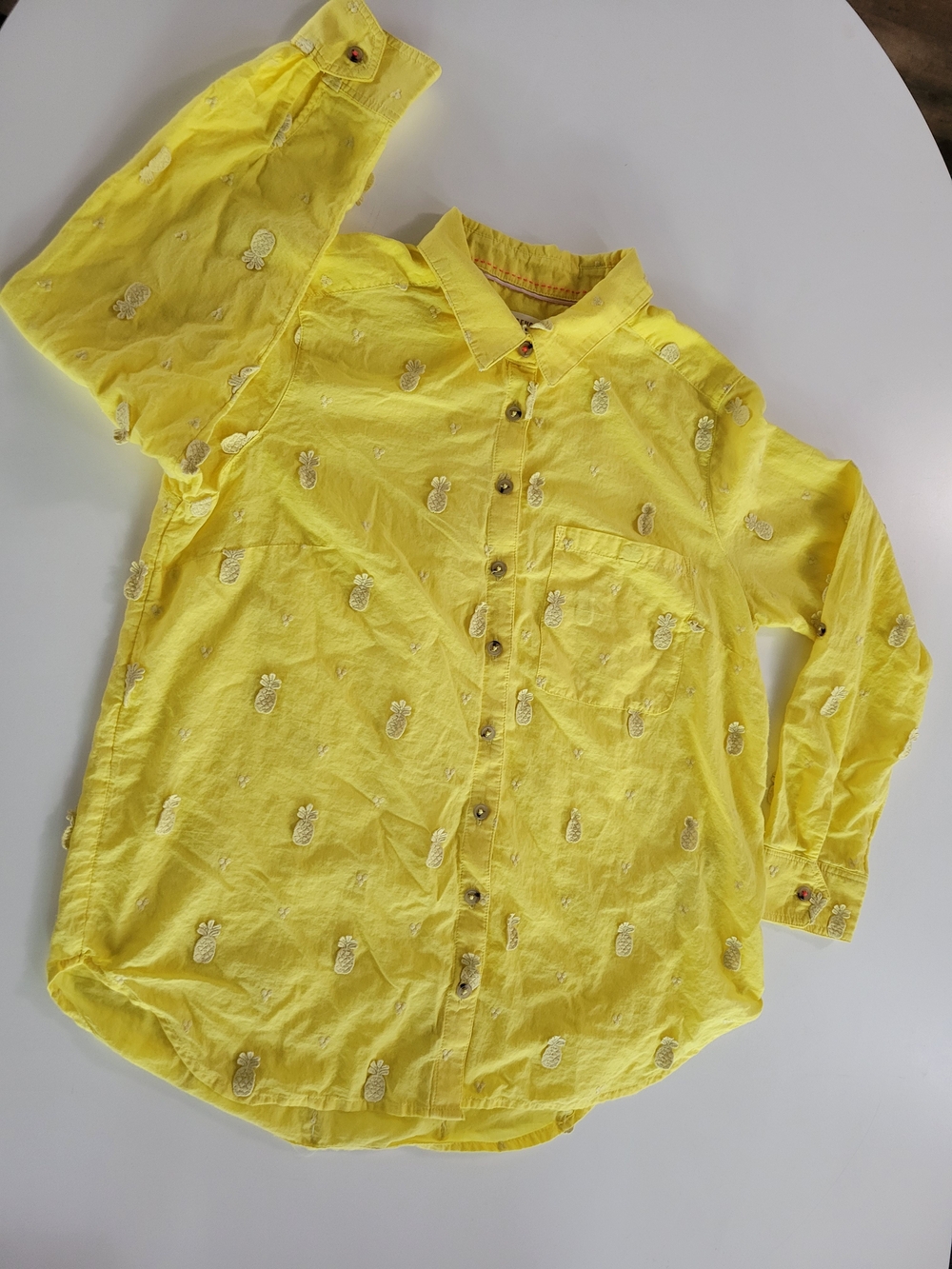 Anthropologie Maeve Sunny Yellow Pineapple Embroidered Button-Down Shirt